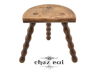 Vintage French 12" Small Wooden Bobbin Three Legged D Stool Demi Lune Tabouret Farmhouse Cottage Plant Stand Room Display Milking / Chez Rai