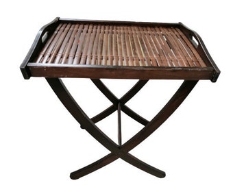 Vintage Butler's Tray Bamboo And Wood Table On Stand Drinks Tray Vintage Serving Occasional Table Rectangular Detachable Tray / Chez Rai
