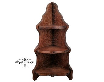 Vintage French Oak Hardwood Heavy Triple Corner Shelf Wall Display Unit Country Kitchen Farmhouse Wooden Display Ornament Shelf / Chez Rai