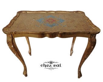 Vintage Italian Florentine Style Table Gold Gilt Wood Blue Red Accent Table Beautiful And Elegant Florence Side End Table Room  / Chez Rai