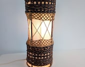 Vintage Standing Cylindrical Table Lamp Wicker Rattan Rustic Farmhouse Set Dressing Background Lighting Woven Light Chez Rai