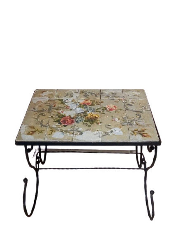 Vintage Wrought Iron Tile Top Table, Black Wrought Iron Patio Coffee Table