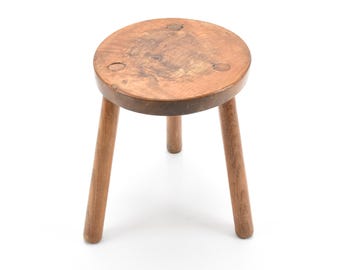 Vintage French 13" Wooden Small Round Stool Plant Stand Farmhouse Cottage Display Small Table Wood Milking Stool / Chez Rai