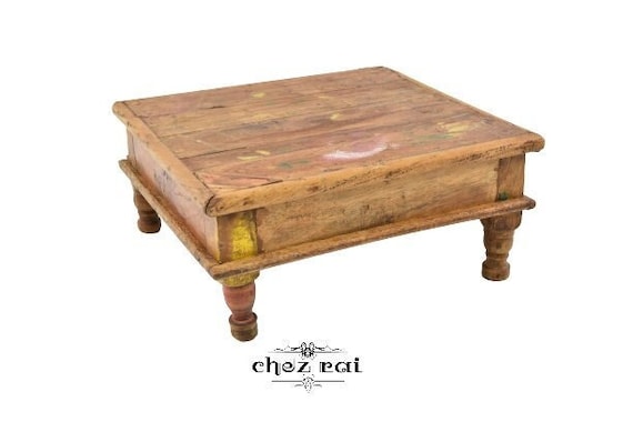 Vintage Indian Carved Wooden Bajot Pooja Puja Chowki Low Table