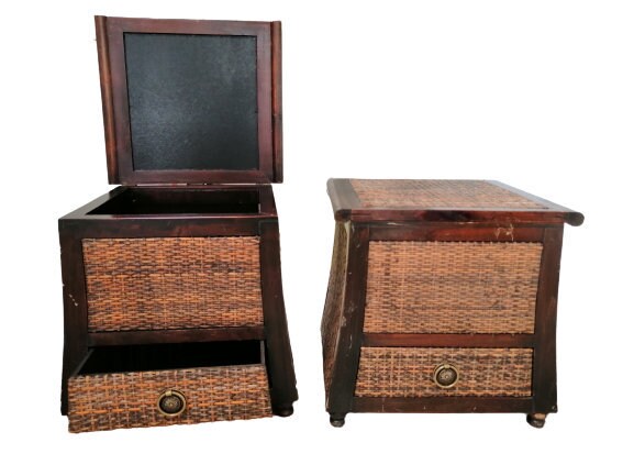 Vintage Faux Bambou Tissé Table de Chevet d'appoint de Nuit avec Compartiment Rangement Pour Couvert