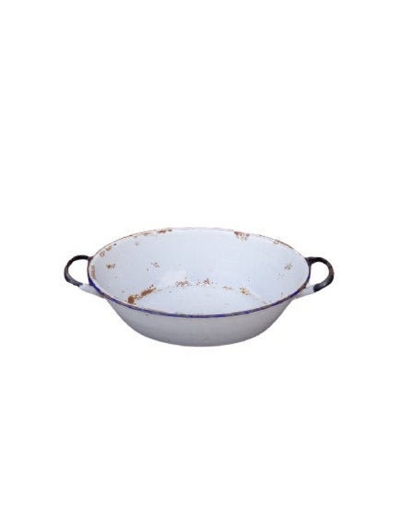 Vintage Enameled Bowl Grand Chargeur Dish Two Handled Metal Old Kitchenware Farmhouse Vintage Additi