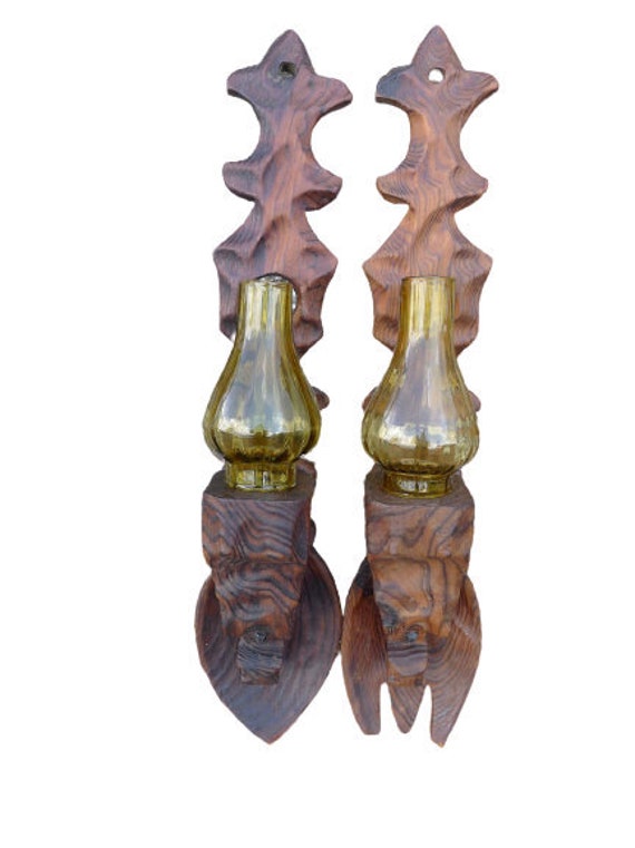 Vintage Français Wall Mountable Wooden Carved Spoon & Fork Glass Shades Candle Holders Up Cycle To E