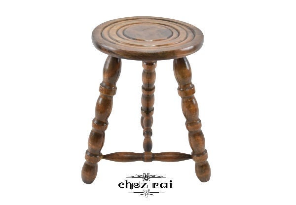 Vintage Français en Bois Rond Top Tourné Jambe Tabouret Plante Stand Pendaison Idée Cadeau Entrée Fe