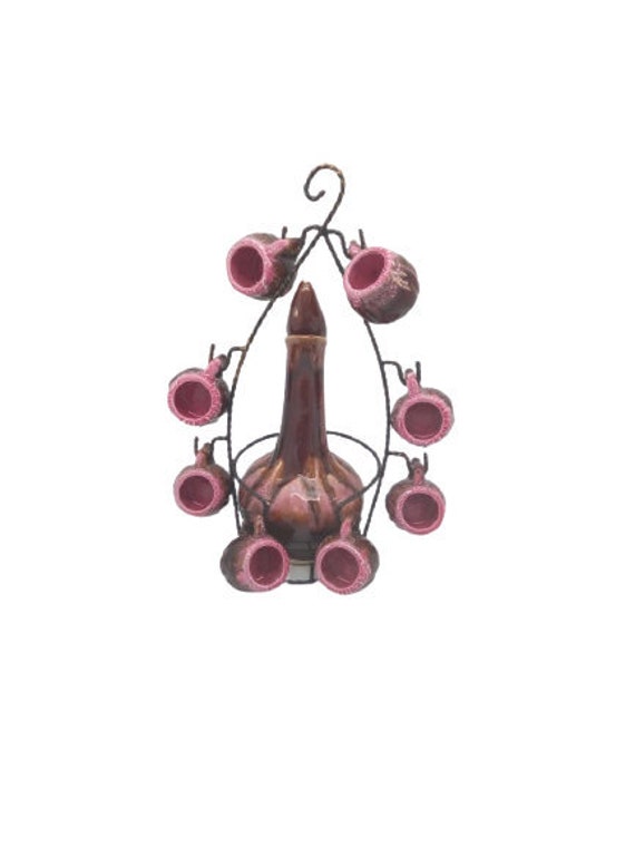 Vintage Vallauris Style Ceramic Decanter Set Carafe Pitcher 8 Tasses Français Drink Tableware Stand