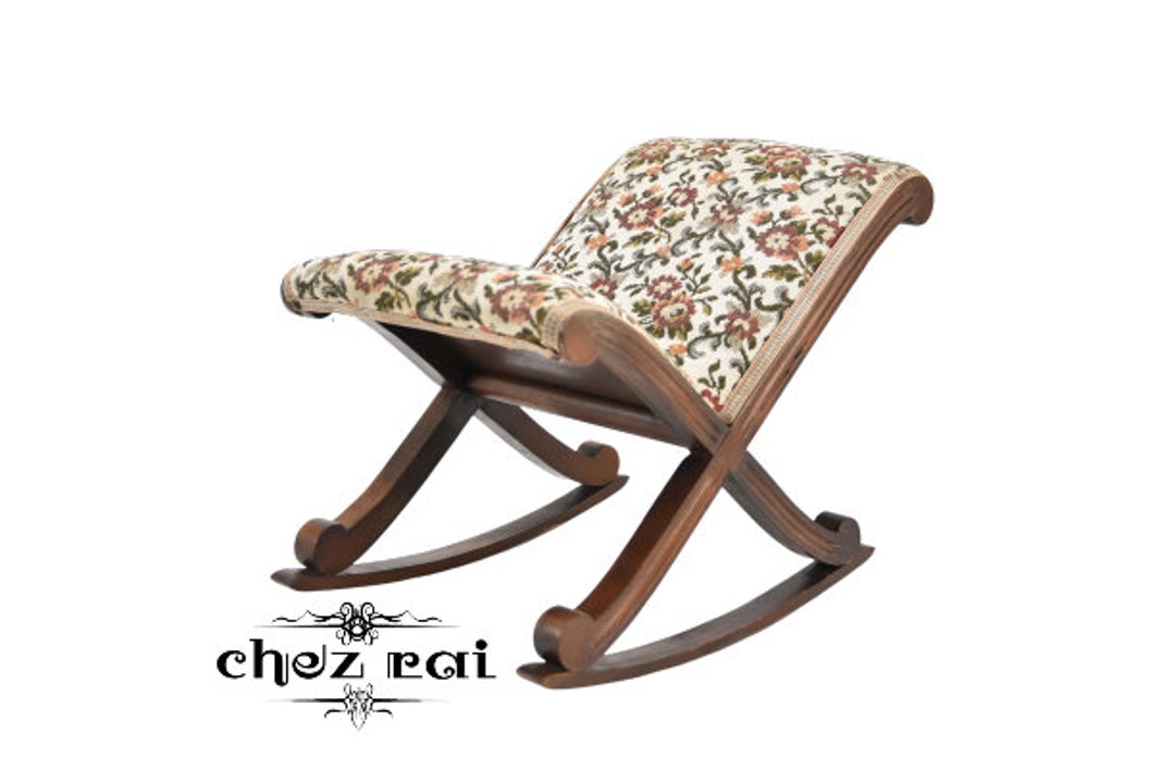 Vintage French Wooden Rocking Footstool Flowery Fabric Cushioned ...