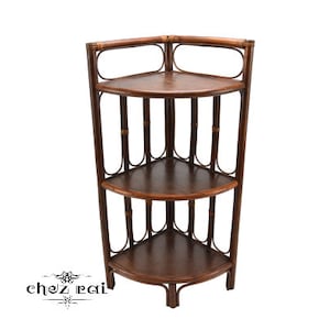 Vintage Large Tall Rattan Corner Unit Wicker Work Wooden Three Shelf Level Free Standing Corner Shelving Unit Plant Stand Display / Chez Rai