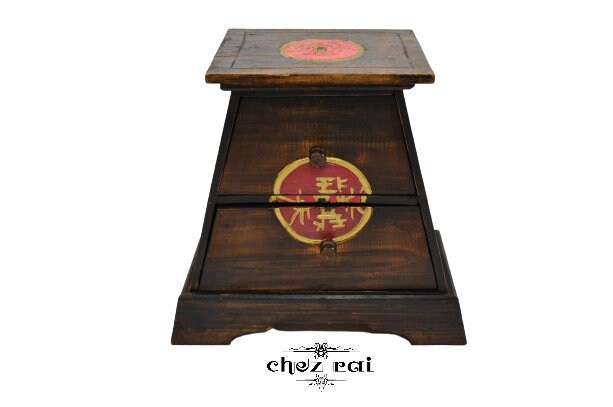 Vintage Asie Du Sud-Est en Bois Fait à La Main Tiroir Peint Coffre de Tiroirs Unité Stockage Salon L