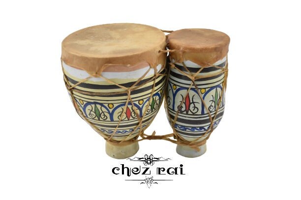 Traditional Rai Instrument Vintage African Moroccan Leather Twin Drum Musical Instrument Pottery ...
