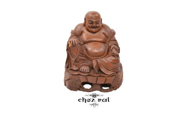 Vintage Asiatique en Bois Joyeux Bouddha Figure de en Sculpture Assis Chance et Richesse Figurine St