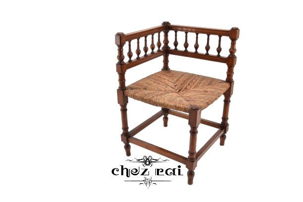 vintage français bois et jonc siège tourné broche retour coin chaise chauffeuse ferme salon chambre cottage/chez rai