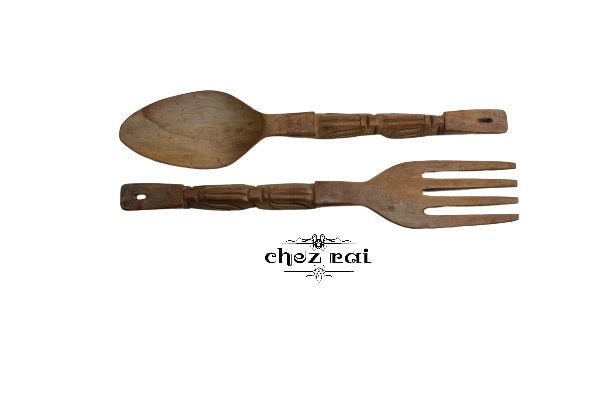 Vintage Carved Wood Wooden Large Decorative Spoon & Fork Cutlery Wall Kitchen Farmhouse Restaurant D