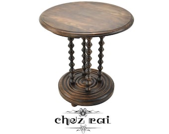 Mesa Redonda De Centro Hecha A Mano En Madera De Sheesham - Tallada Con Detalles En Latón, Estilo Vintage, 20x22 Pulgadas