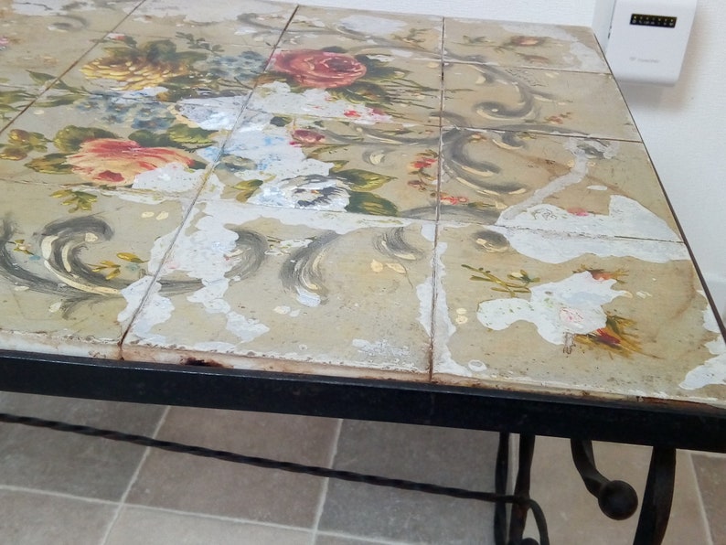 Vintage Wrought Iron Tile Top Table Coffee Table Patio Table Small Room Floral Tile Farmhouse Rustic Decor Heavy Piece Decorative Chez Rai