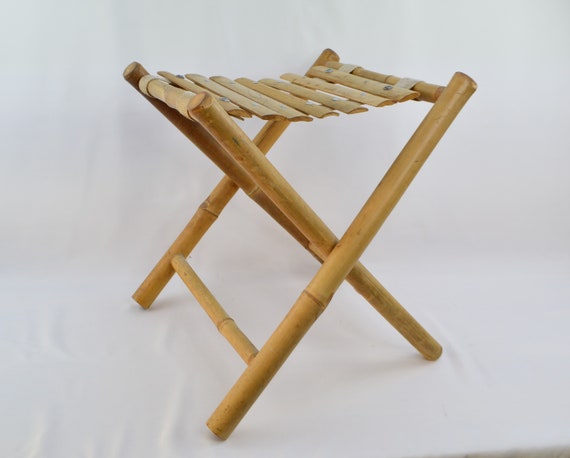 Vintage French Found Bamboo Folding Fishing Stool Small Camping Chair Wood  Seat Patio Fishing Hiking X Frames Stool Spacesaving / Chez Rai 