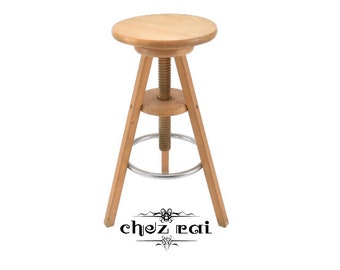 Vintage French Heavy Wooden Stool Screw Tripod Round Adjustable Wood Artists Seat Chrome Ring Piano Stool Farmhouse Cottage / ChezRai