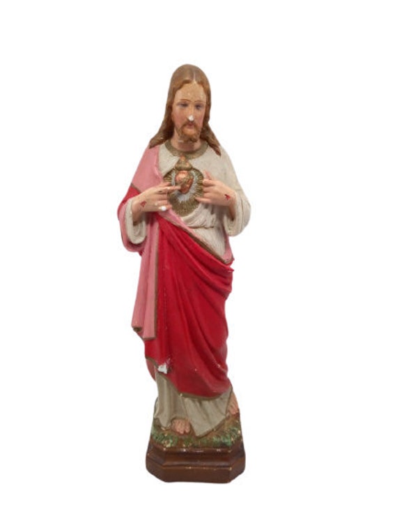 Vintage Français Plaster Religion Statue Of Jesus Christ Sacred Heart Religious Icon Made in France