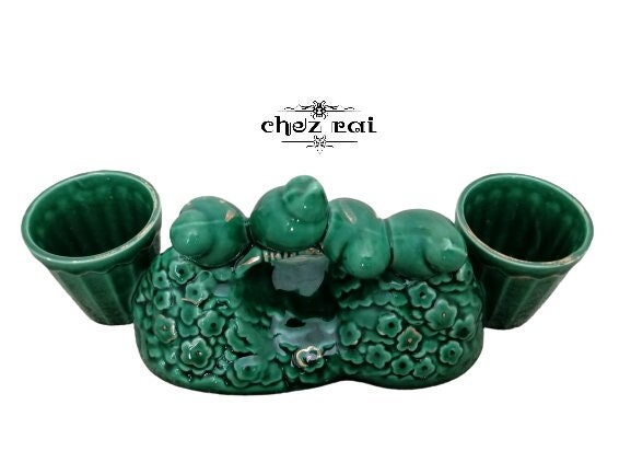 Vintage Français Trouvé Belle Céramique Verte Perchée Oiseaux Figurine avec Pots de Plantes Vase Éta