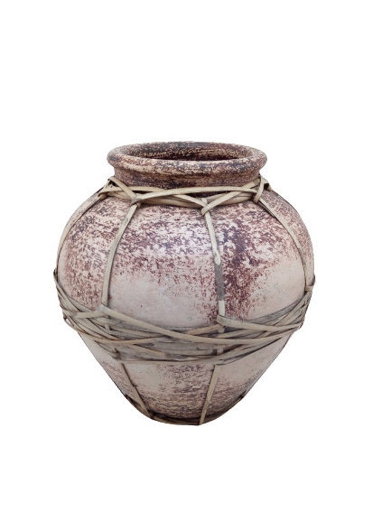 Vintage Wicker Bound Pot Jug Vase Home Decor Flowerpot Container Stand Patio Farmhouse Hallway/Chez