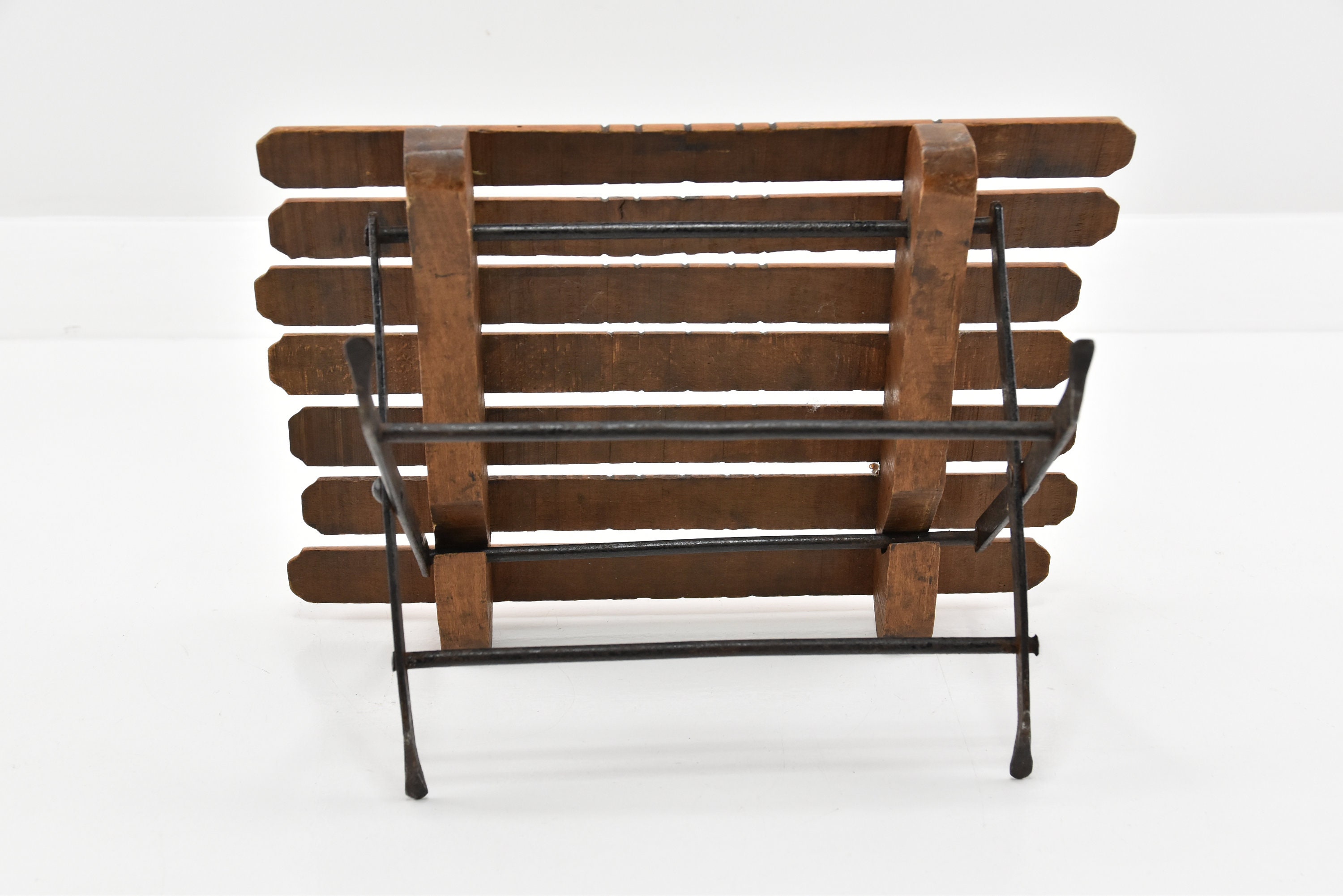 Vintage Folding Wooden Slatted Low Mini Stool Steel Framed Display ...