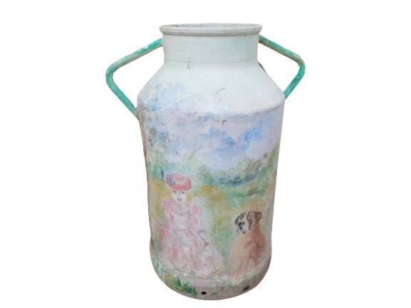 Vintage Français Painted Aluminium Milk Churn Veinte Reiter 20 Litre Umbrella Walking Stick Stand Fl