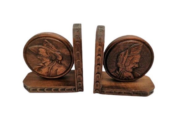 Vintage Français Breton Man & Woman Wooden Bookends Carved Brittany Country House Farmhouse Decor Of