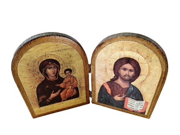 Vintage Florentine Religieux Bi Pli Deux Côtés Arc Diptyque Icône Orthodoxe de La Vierge Marie et Jé