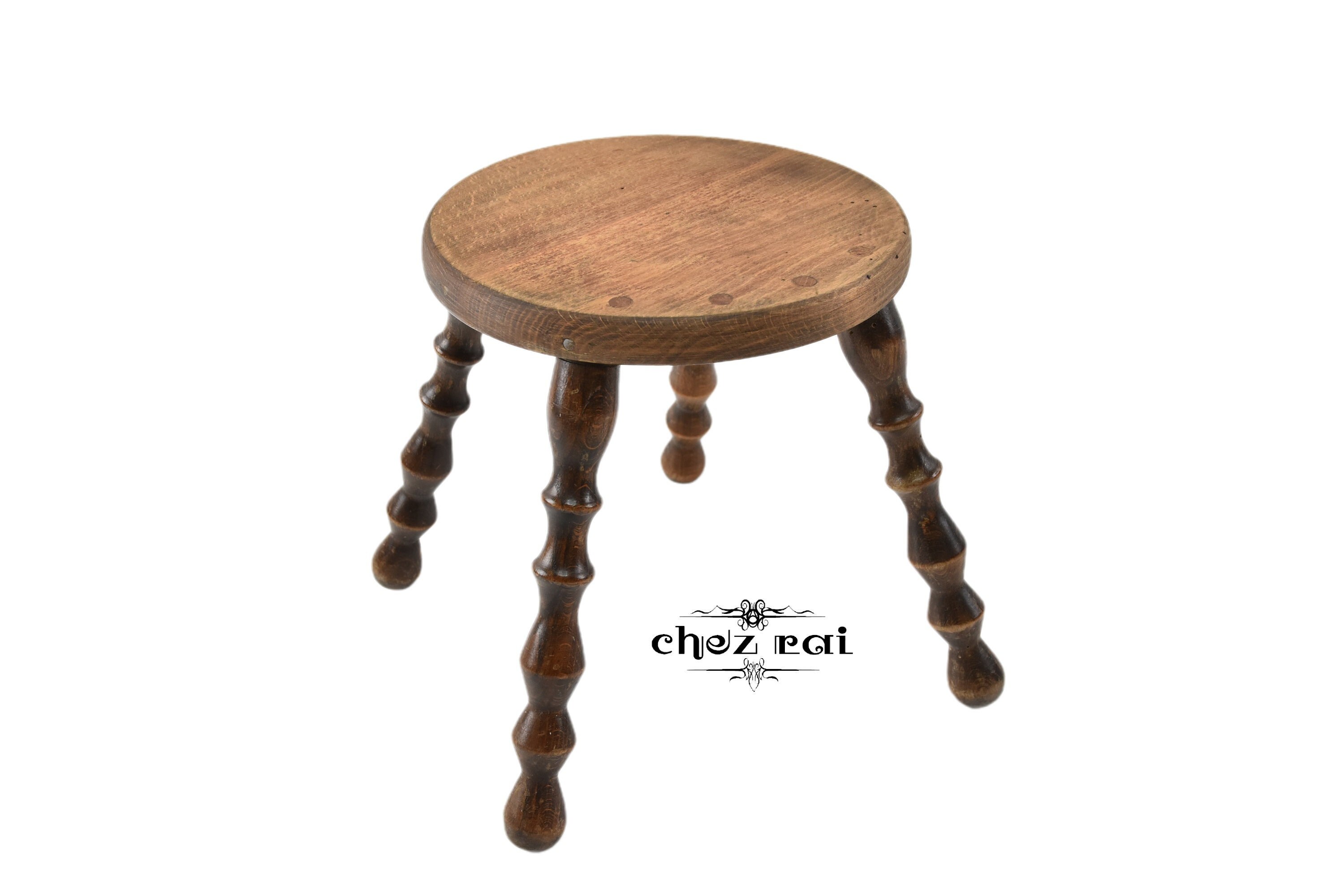 Vintage Français Petit Tabouret Rond en Bois Plante Stand Affichage Petite Table Salon Ferme Cottage