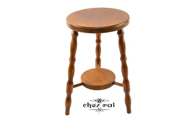 Vintage Bois Rond Deux Niveau Tabouret Plante Stand Couloir Affichage Petite Table Ferme Entrée Lamp