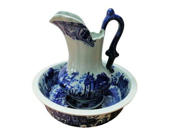 Vintage Grand Victoria Ware Ironstone Pitcher & Bowl Blue White Jug Basin Set Bathroom Décor Farmhou