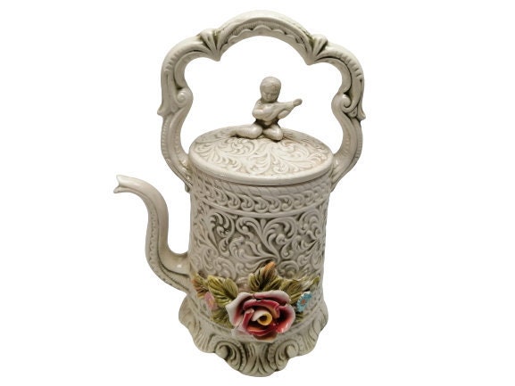 Pot à Thé Vintage Capodimonte Coffee Pot Made in Italy Rose Petals Embossed Shelf Display Decorative