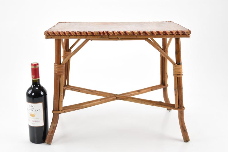 Chezrai Vintage French Rattan Bamboo Brown Top Four Legs End Side Table