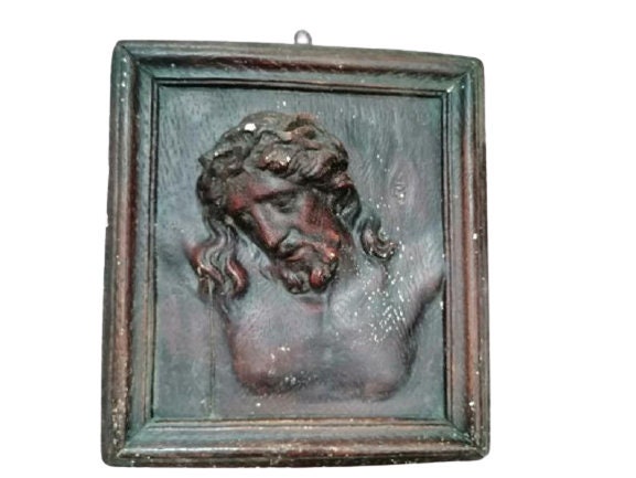 Vintage Français Jesus Plaster Plaque Wall Piece Hanging Decor Religious Portait With Crown Of Thorn