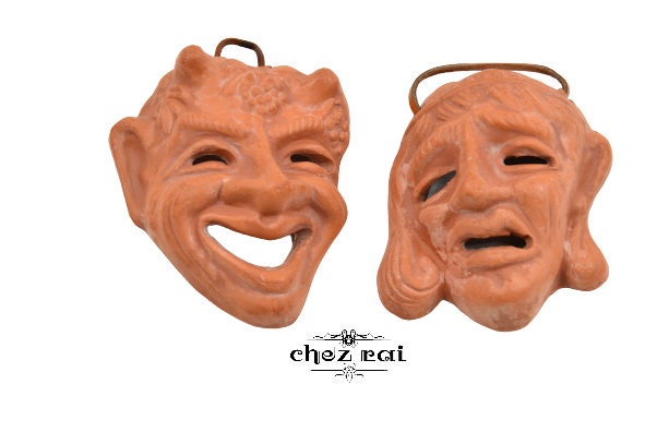 Vintage Deux Miniature Grec Terracotta Visages Mini Masques Plaque Murale Accrochage Mural Décor Cha