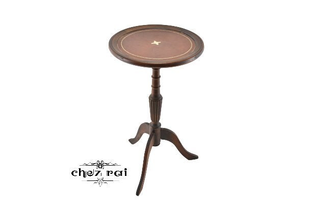 Vintage Français Bois Rond Cuir Surmonté Guéridon Sellette Piédestal Table Latérale Salle Exposition