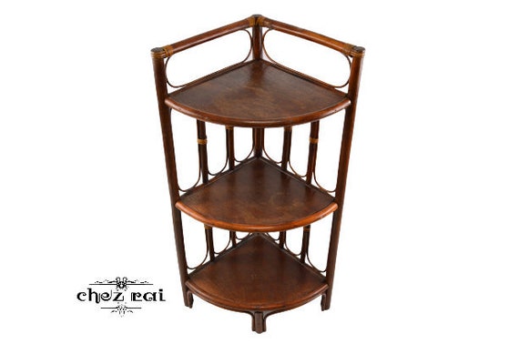 Vintage Large Tall Rattan Corner Unit Wicker Work Wooden Three