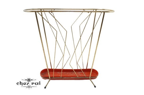 Vintage Chromé Métal Fil Parapluie Rack avec Plateau d'égouttement Stand Rangement Bâton de Marche P