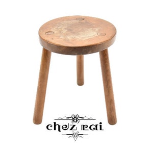 Vintage French 13" Wooden Small Round Rough Finish Stool Plant Stand Farmhouse Cottage Display Small Table Wood Milking Stool / Chez Rai