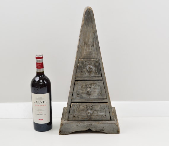 Pyramid Drawers, Handmade Bali Furniture, Light Wood With Painted And Carved Ornaments (Brown