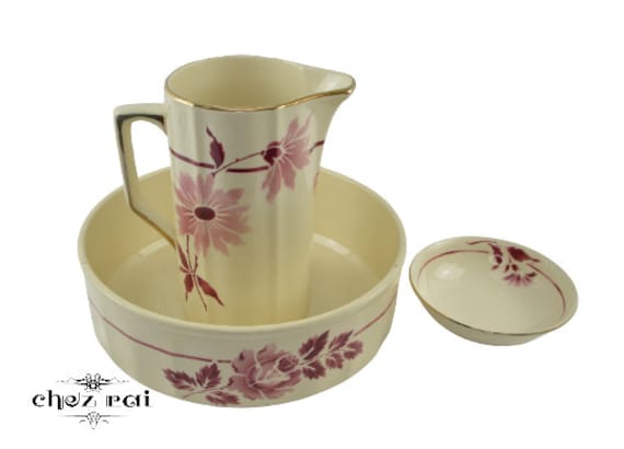 Vintage Français Bol de Lavage en Céramique Jug Dish Set Pitcher & Basin Lavabo Bedroom Dressing Tab