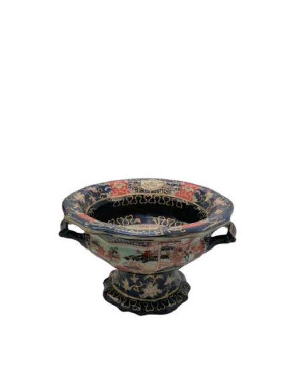 Vintage Ironstone China Planter Imari Style Pedestal Two Handles Handpainted Patio Conservatory Deco