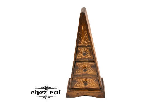 Vintage Wooden Carved Desktop Pyramid Chest of Drawers Cabinet