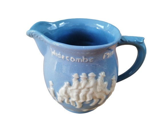 Vintage Dartmouth Pottery Devon England Widcombe Fair Milk Jug Blue & White Pitcher Devonware Hand P