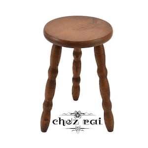 Vintage French 18&quot; Wooden Medium Height Round Three Turned Legged Stool Plant Stand Heavy Farmhouse Room Display Gift Idea / ChezRai