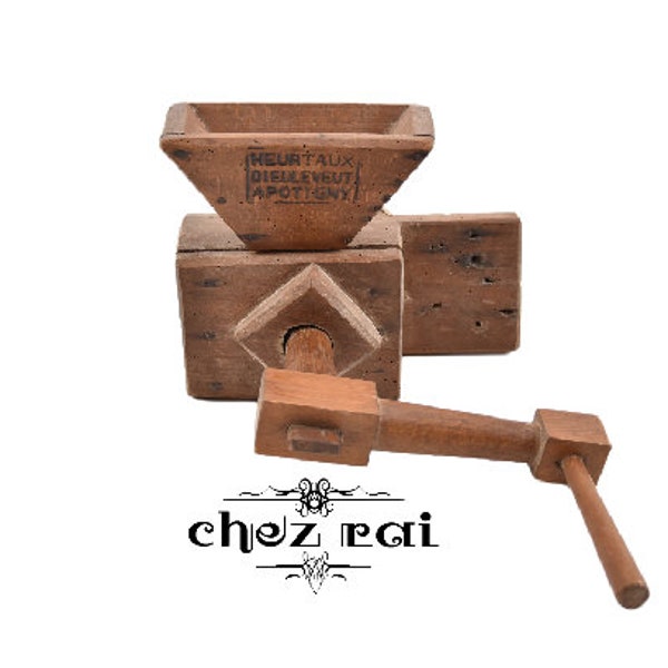 Vintage französische Holz Handkurbel Getreidemühle Heurtaux Dieuleveut Apotigny Moulin à Grains en Bois Sammler Geschenkidee Restaurierung / Chez Rai