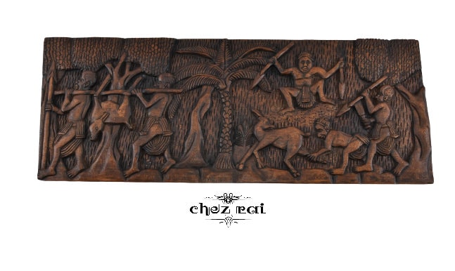 Vintage Africain en Bois Sculpté à La Main Panneau Mur Plaque Chasse Sculpture Suspendu Décor Chambr